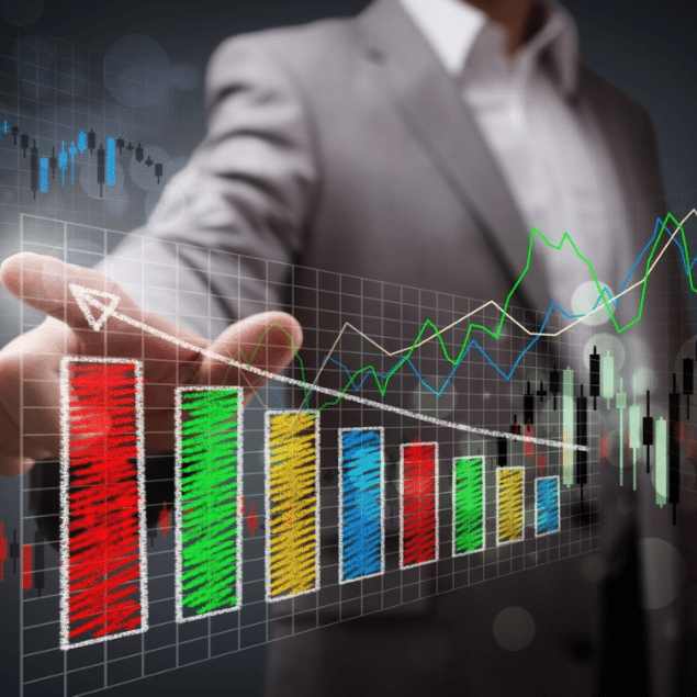 Businessman presenting a graph chart on a screen, showcasing long term success for SEO writing content services.