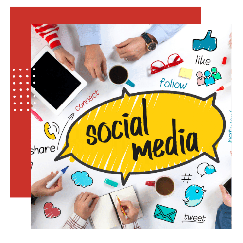 Hands around a table with speech bubble saying "social media" as part of JovieSocial's full-service digital marketing services