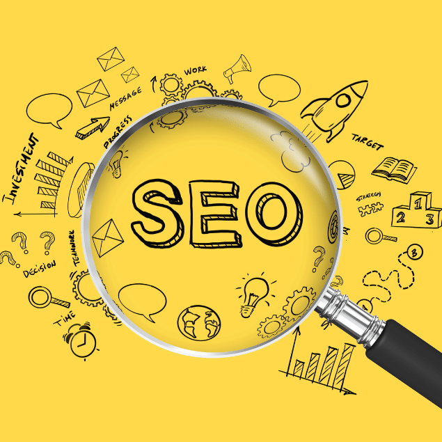 Magnifying glass highlighting "SEO" as part of JovieSocial's full-service digital marketing services