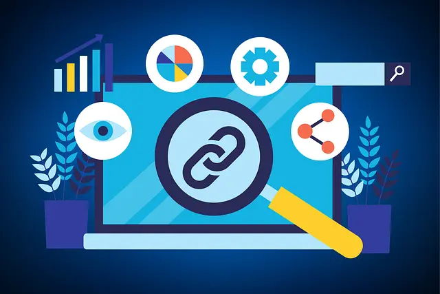 a laptop with a magnifying glass and icons