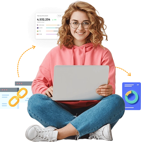 Person sitting cross-legged with a laptop, surrounded by digital charts and graphics representing SEO Services in Philippines