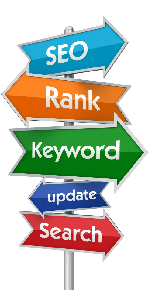 Colorful directional arrows on a signpost with search engine optimization services terms.