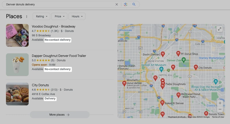 Google Business Profile Manager featuring Google search results for Denver donut delivery