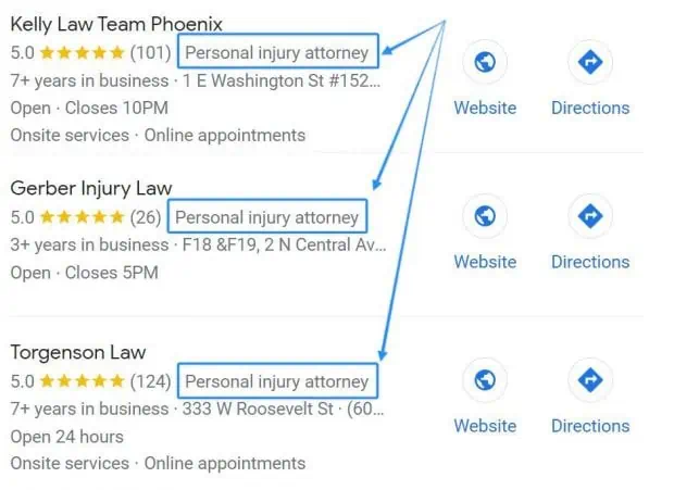 Search results displaying three Phoenix law firms using Google Business Profile Manager