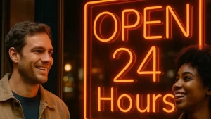 Two people smiling near an "OPEN 24 Hours" neon sign representing importance of Google Business Profile