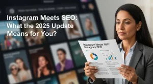 Woman reading a document titled "Instagram Meets SEO" with blurred profile images in the background.