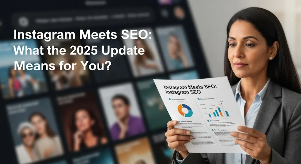 Woman reading a document titled "Instagram Meets SEO" with blurred profile images in the background.