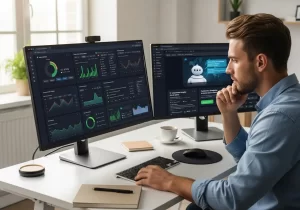 A man analyzing data on dual computer monitors for AI and the Future of SEO