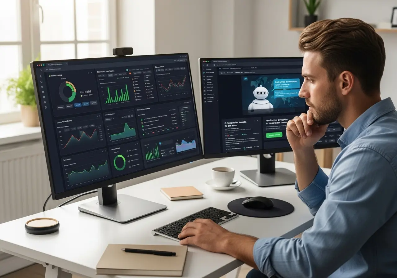 A man analyzing data on dual computer monitors for AI and the Future of SEO