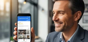 Entrepreneur smiling while using a mobile phone to display Google Business Profile Benefits