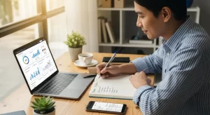 Person writing in a notebook at a desk with a laptop displaying SEO for small businesses charts.