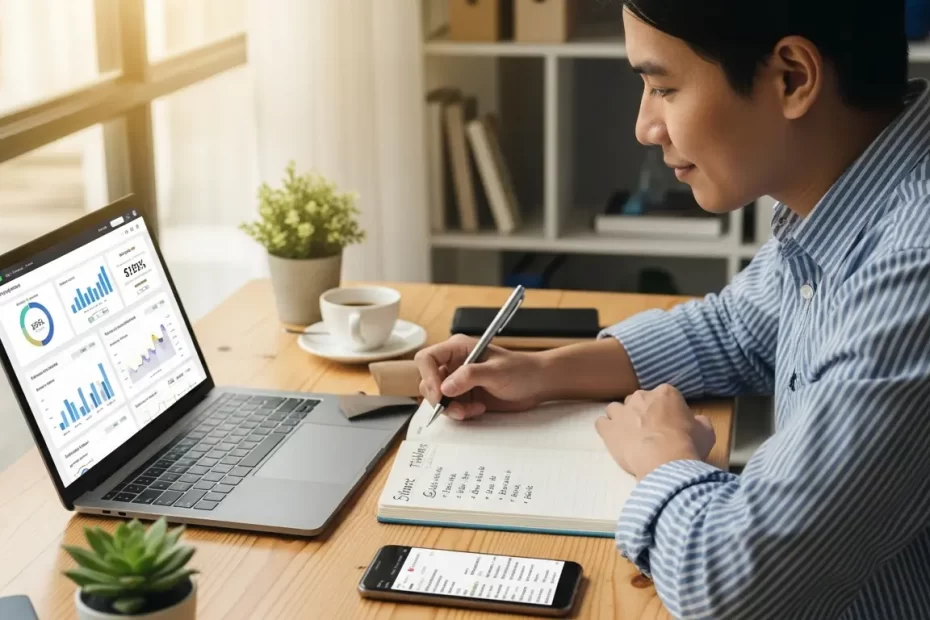 Person writing in a notebook at a desk with a laptop displaying SEO for small businesses charts.