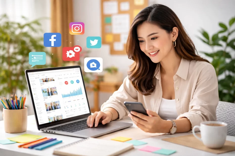 A digital marketer utilizing the best AI tools for social media marketing to manage multiple platforms.