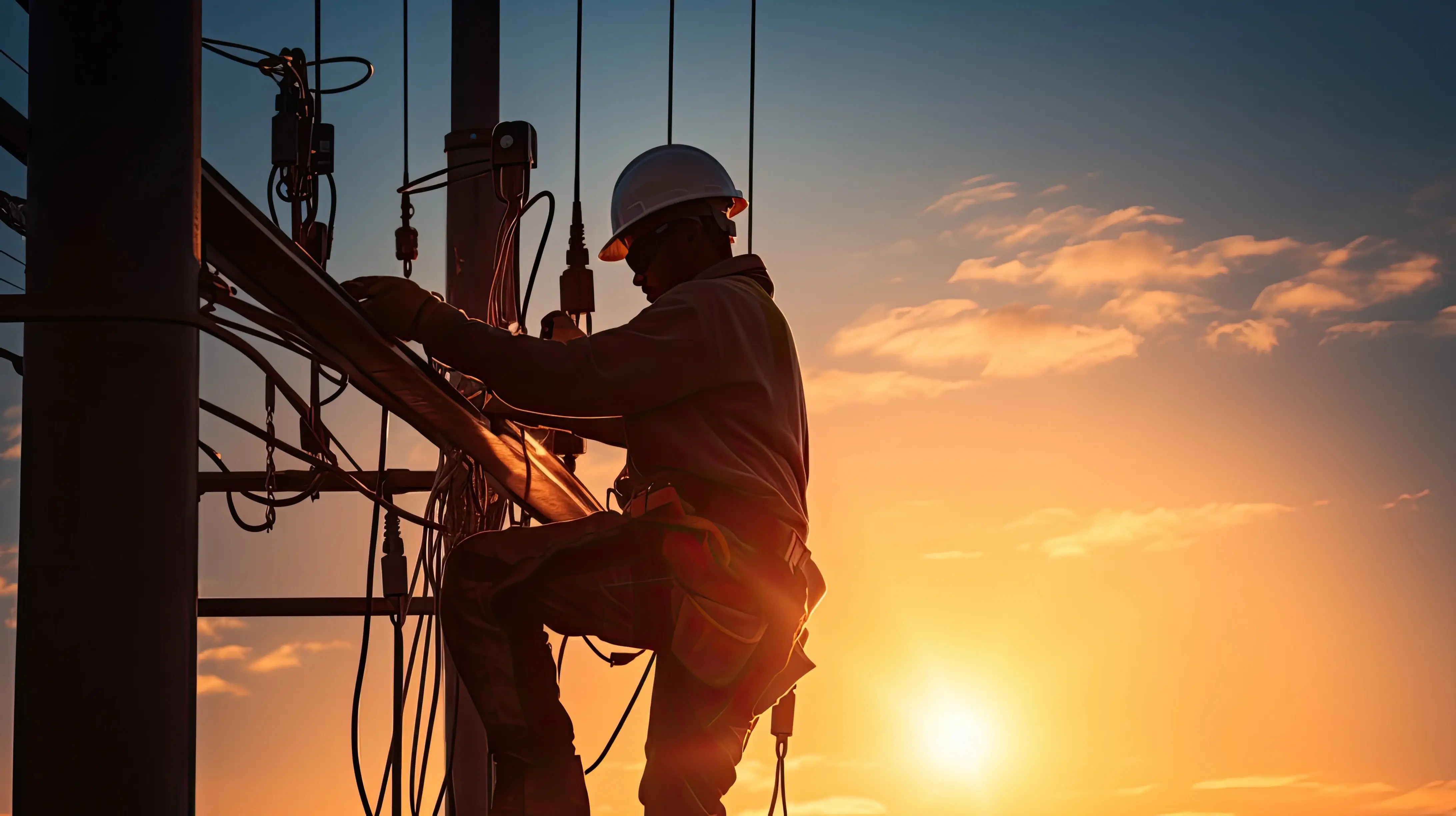 A silhouette of an electrician working on power lines at sunset, highlighting effective electrician digital marketing strategy at JovieSocial