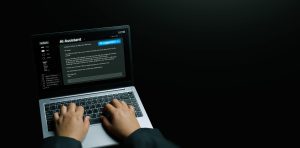 Hands typing on a laptop screen displaying an AI assistant interface generating an automated email follow-up response, exploring what is the best ai tool for email copywriting.