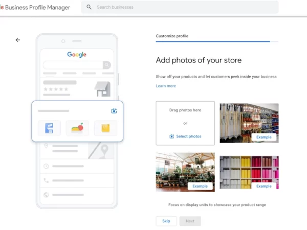 A screenshot of Google Business Profile Manager webpage with a prompt to "Add photos of your store"