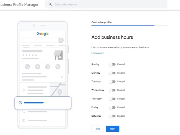 A Google Business Profile Manager with a section to customize profile and add business hours.