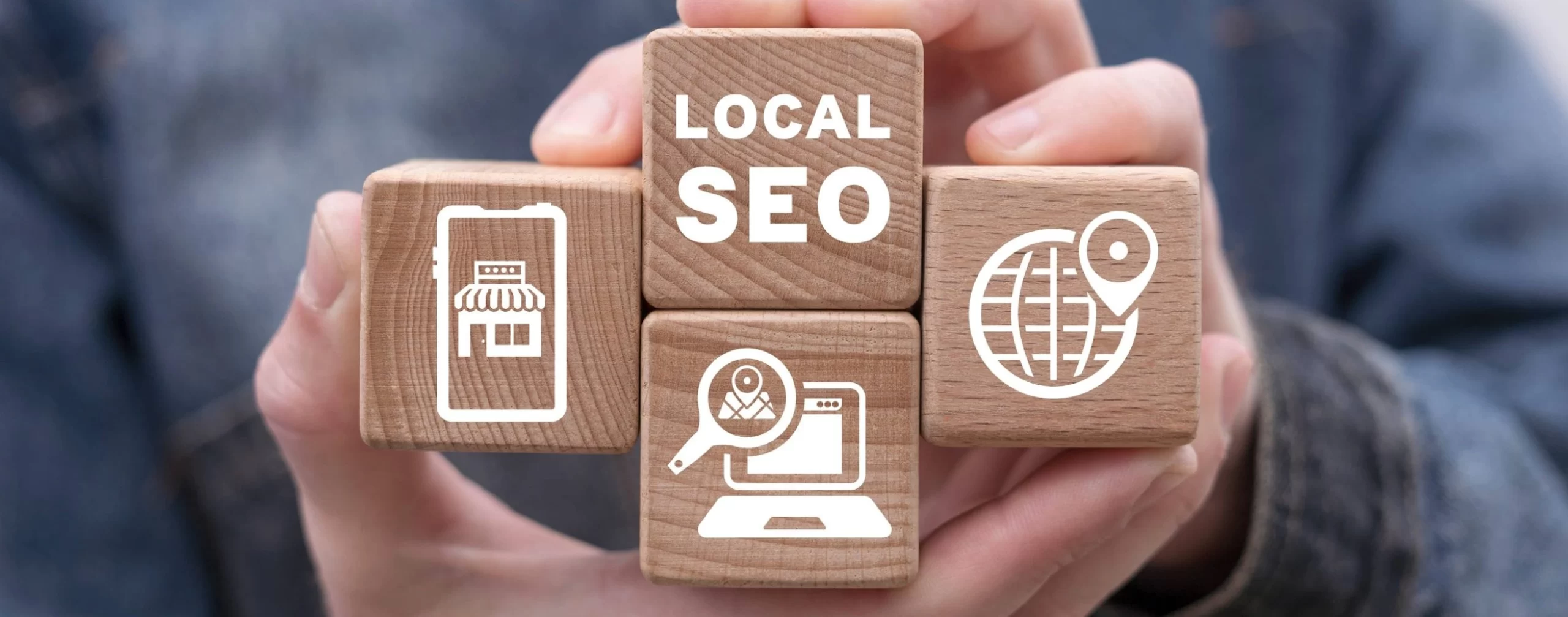 Wooden blocks with local SEO icons and text for search engine optimization services